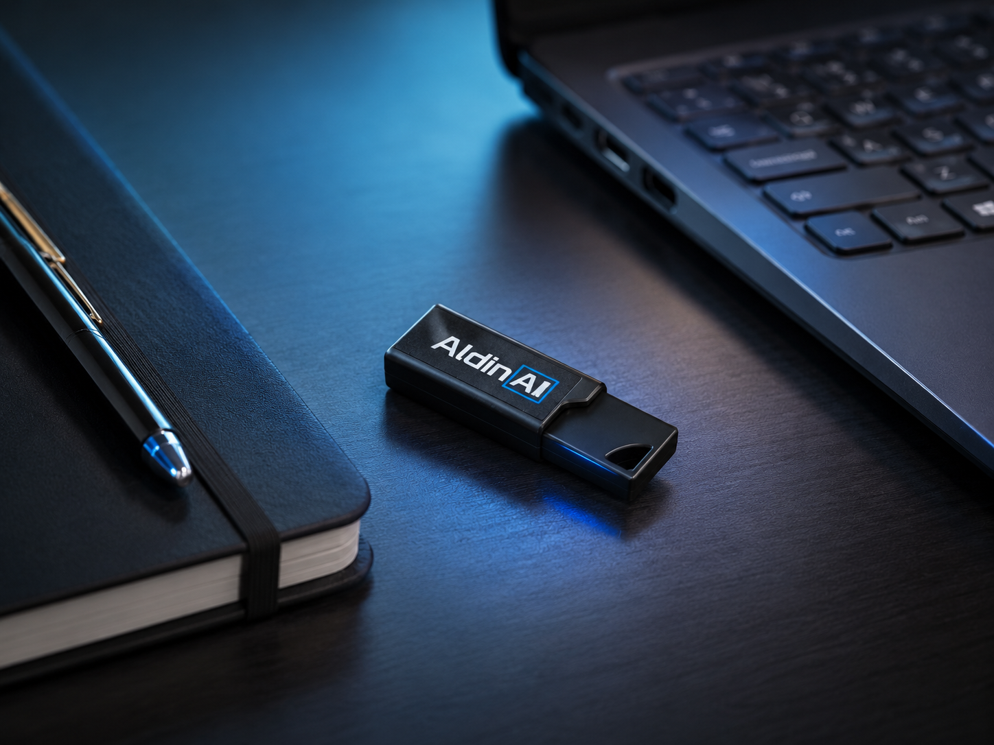 Aldin Mini Go on a desk near a laptop